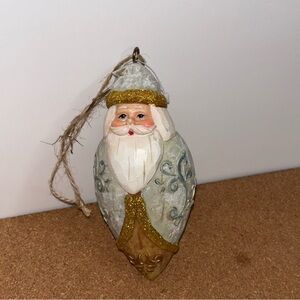 5/$25 Handcrafted Santa Ornament with Gold Accents Resin Faux Wood 6”